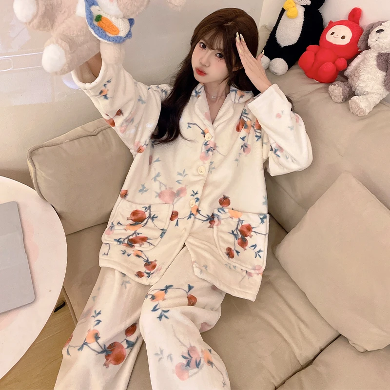 【国风石榴】花卉长袖慕斯暖绒可外穿睡衣舒适保暖加厚套装家居服