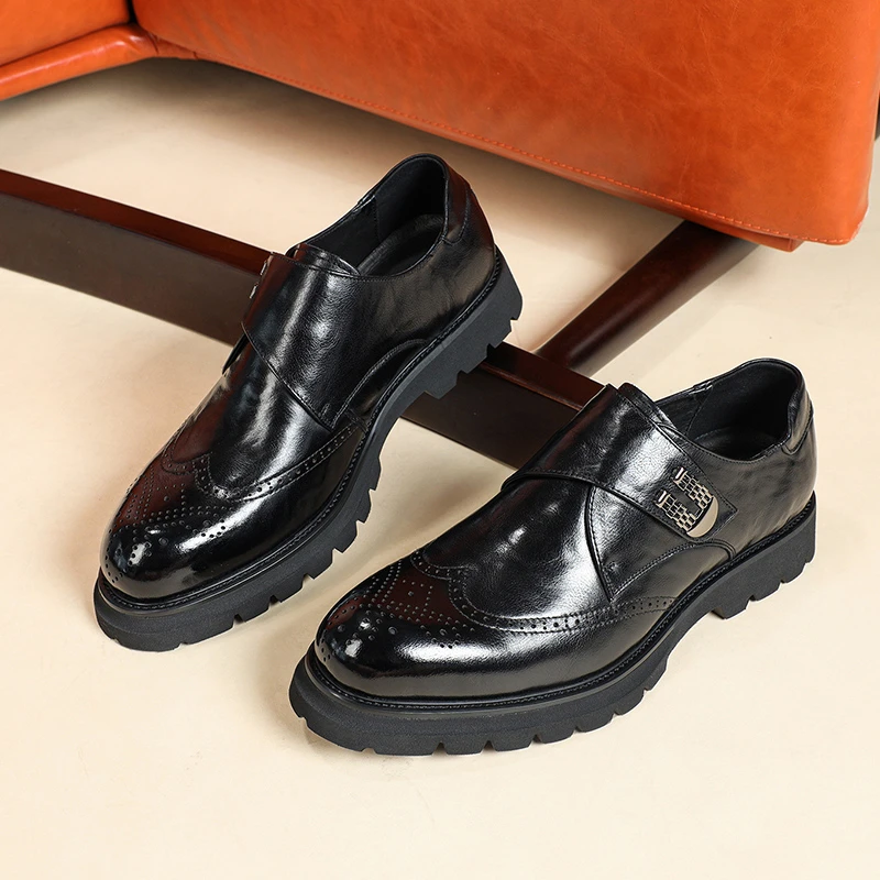 新款头层牛皮男士布洛克雕花正装商务休闲皮鞋尖头低帮一脚蹬男鞋