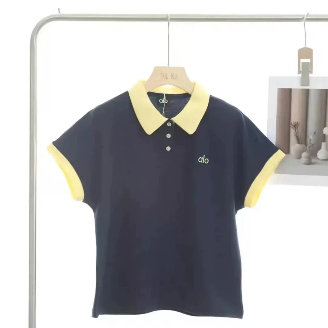 ALO撞色polo领短袖T恤2025春夏新款宽松运动休闲款显瘦百搭上衣
