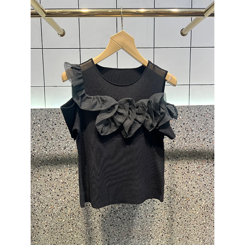 荷叶边拼接露肩套头圆领针织衫女25新款甜美别致精致上衣小衫洋气