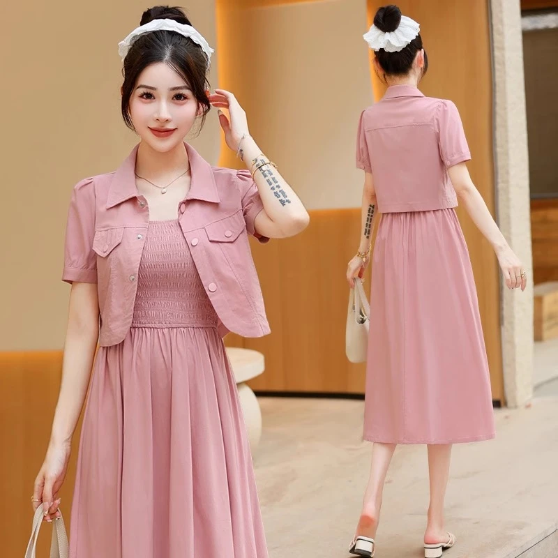 拉夏贝尔粉色牛仔外套配吊带连衣裙夏季新款小香风薄款时尚套装女