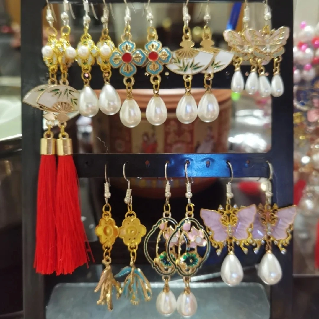 合金亚克力耳饰 银色蝴蝶金色耳环手工复古欧若智性风国风古风