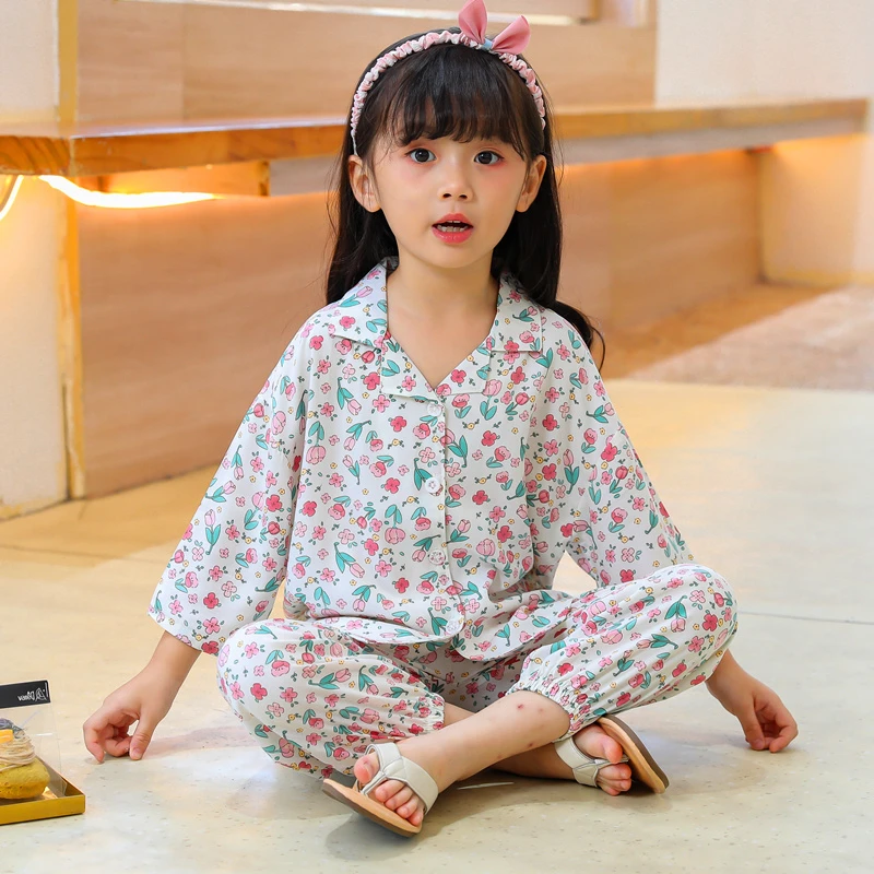 儿童睡衣夏季薄款家居服空调服男童女童新款宝宝服套装长袖棉绸