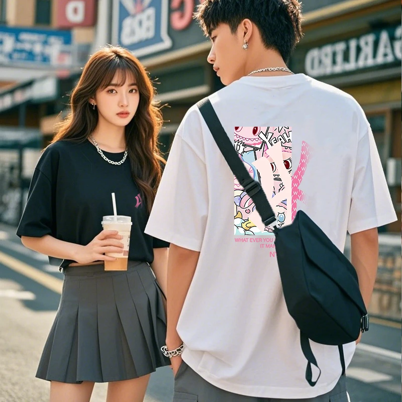 【商场同款】新款时尚短袖弹力夏季男女同款纯棉重磅T恤-老花粉布布