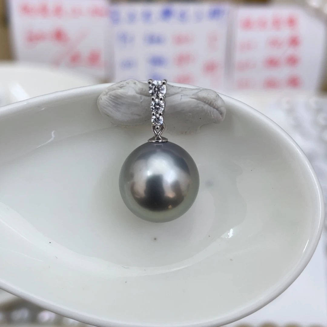 银S925镶嵌海水珍珠颈饰12.9铂金灰吊坠简单百搭款