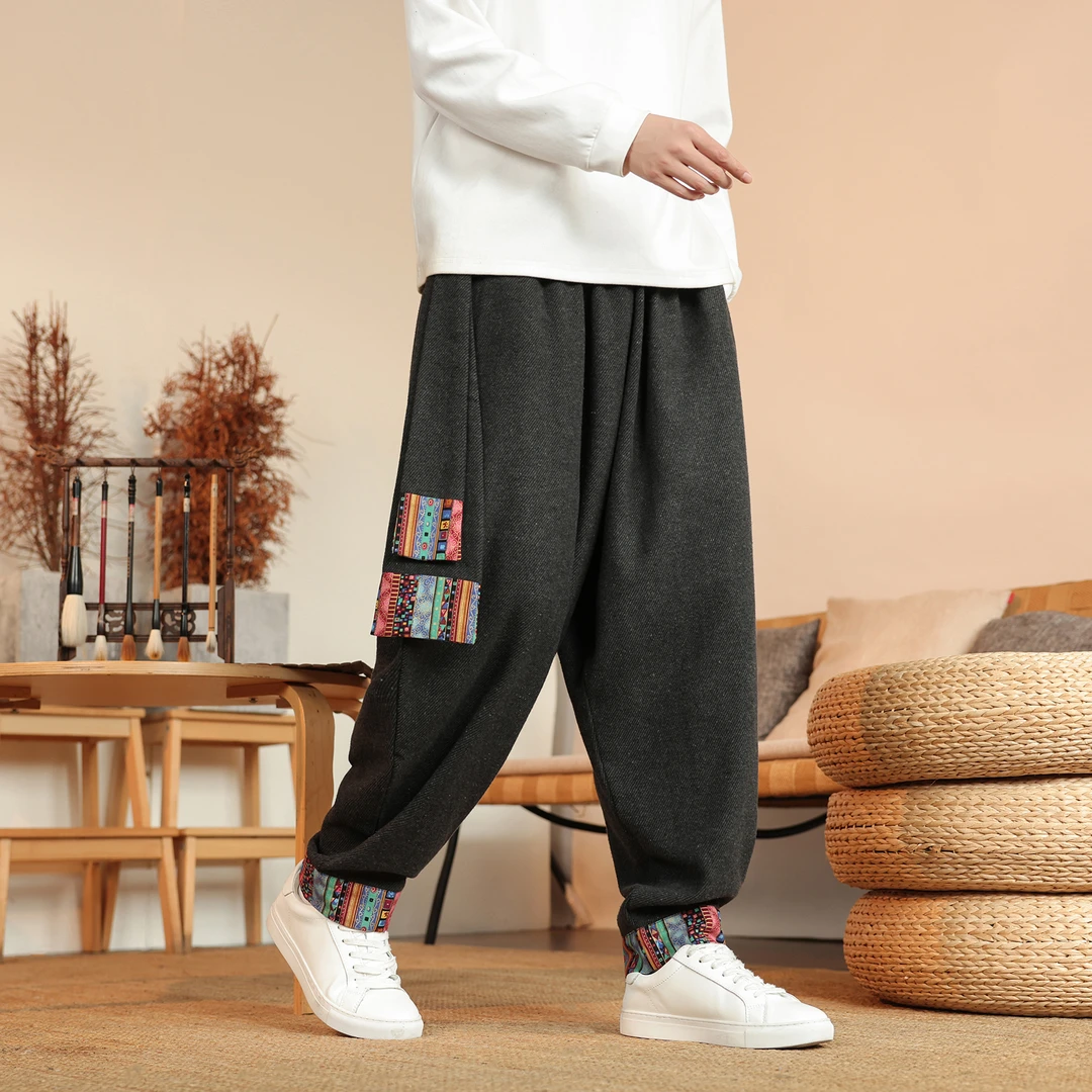 中国风休闲哈伦裤男秋冬季加厚毛呢直筒长裤大码宽松高级感运动裤