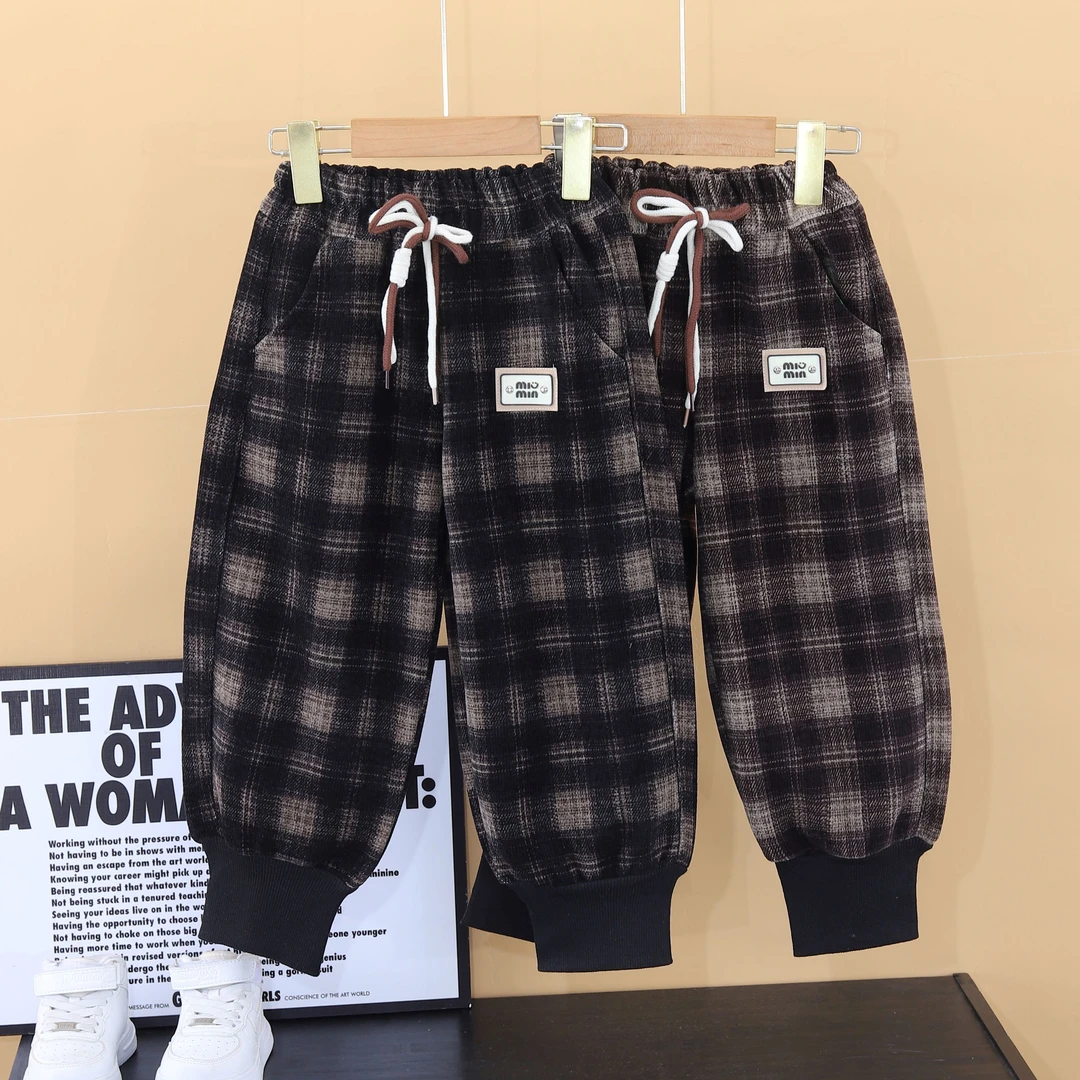 加绒裤格子裤宝宝休闲裤男女加绒加厚儿童秋冬季松紧长裤休闲风