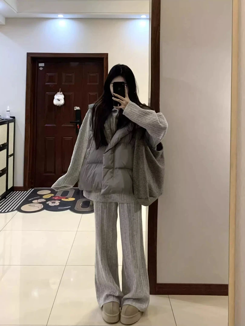 洋气漂亮套装韩系慵懒灰色棉服外套马甲内搭毛衣阔腿裤