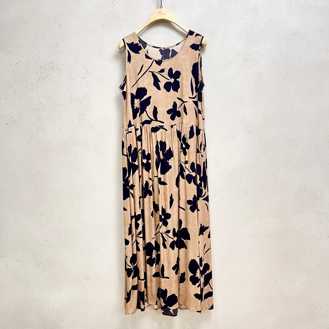 Li Wang/里望设计师款 复古做旧小众 树叶印花优雅无袖连衣裙