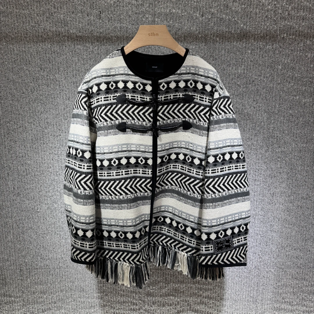 ICE DUST提花流苏圆领外套