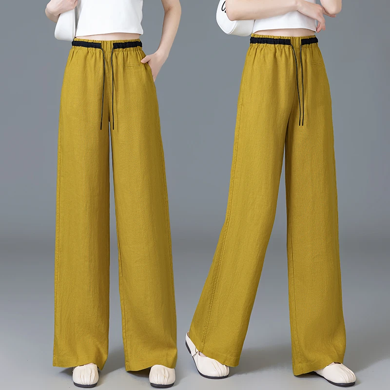 高腰阔腿裤薄款亚麻休闲裤夏季拼色松紧腰直筒裤休闲百搭宽松垂感