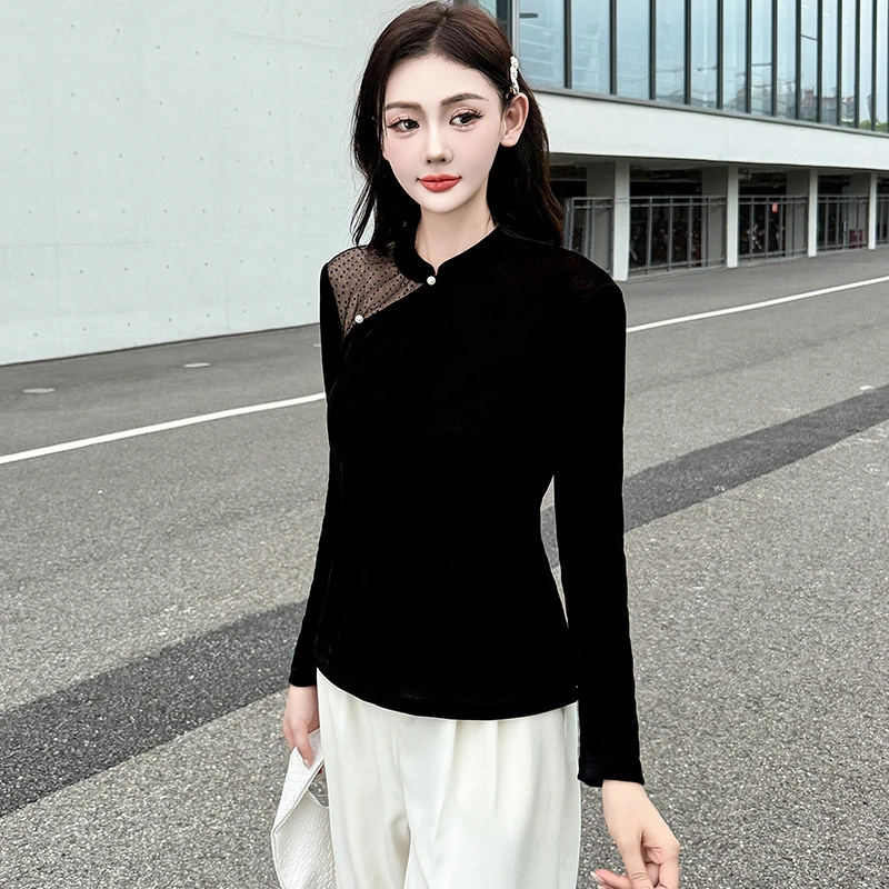 2025秋新款气质复古金丝绒国风新中式斜襟立领盘扣上衣女长袖小衫