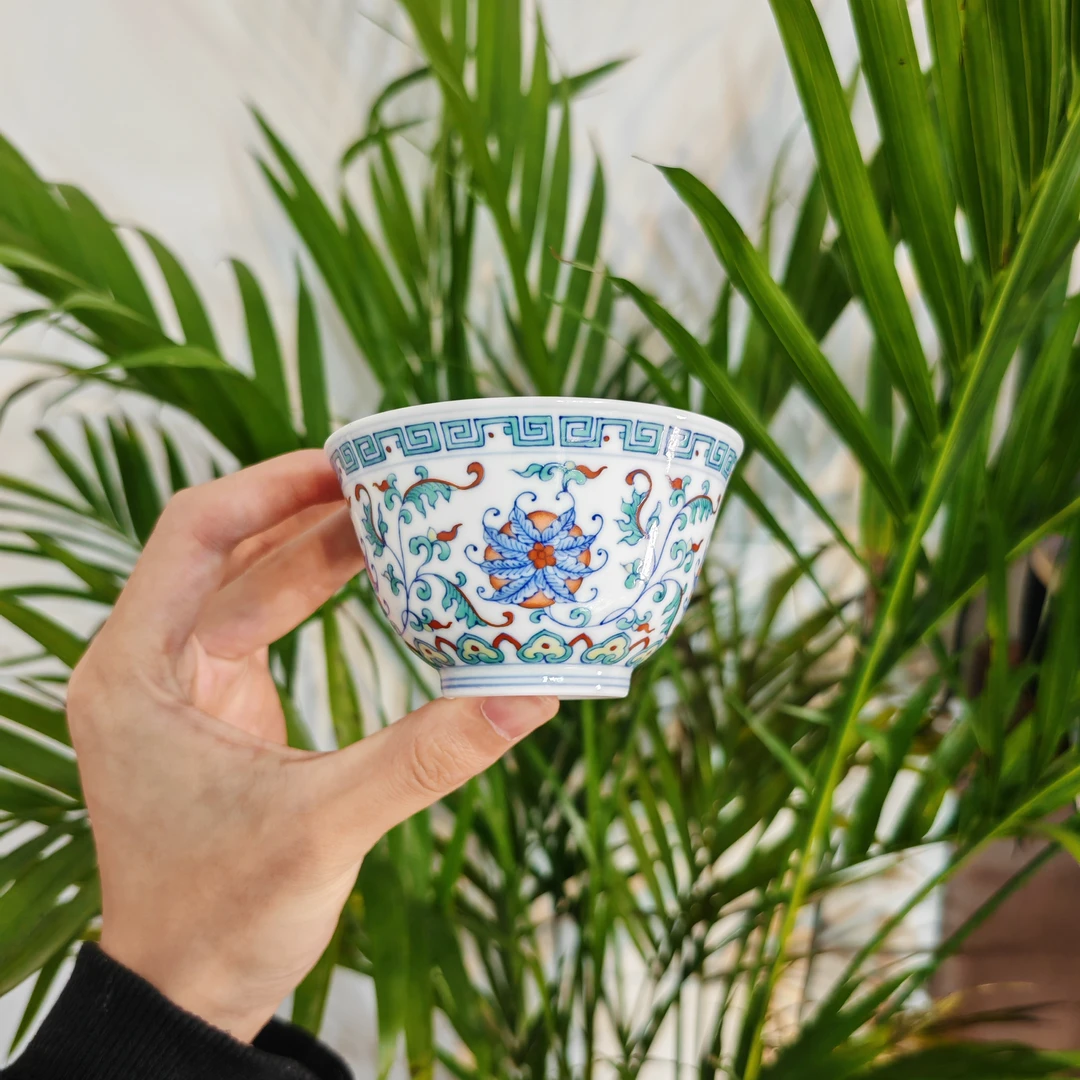 明逸堂斗彩凤尾莲主人杯手工茶杯品茗杯陶瓷