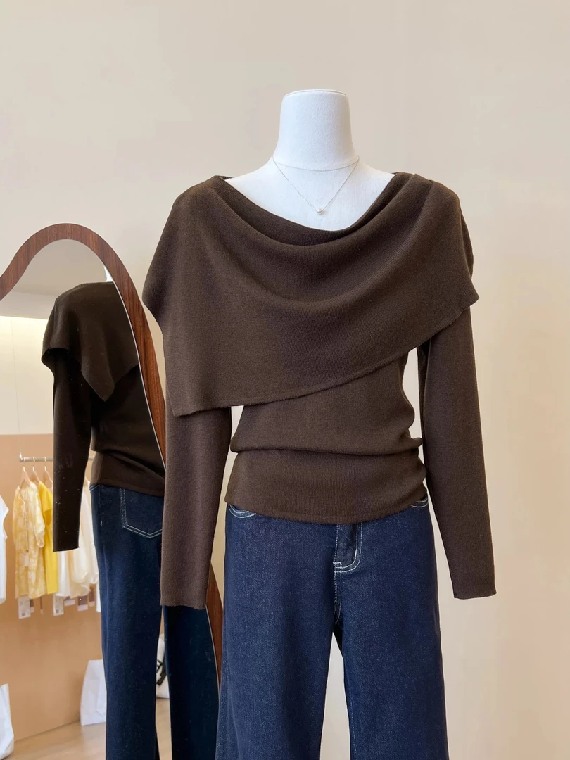 假两件披肩上衣女秋冬长袖T恤设计感小众百套头纯色时尚简约