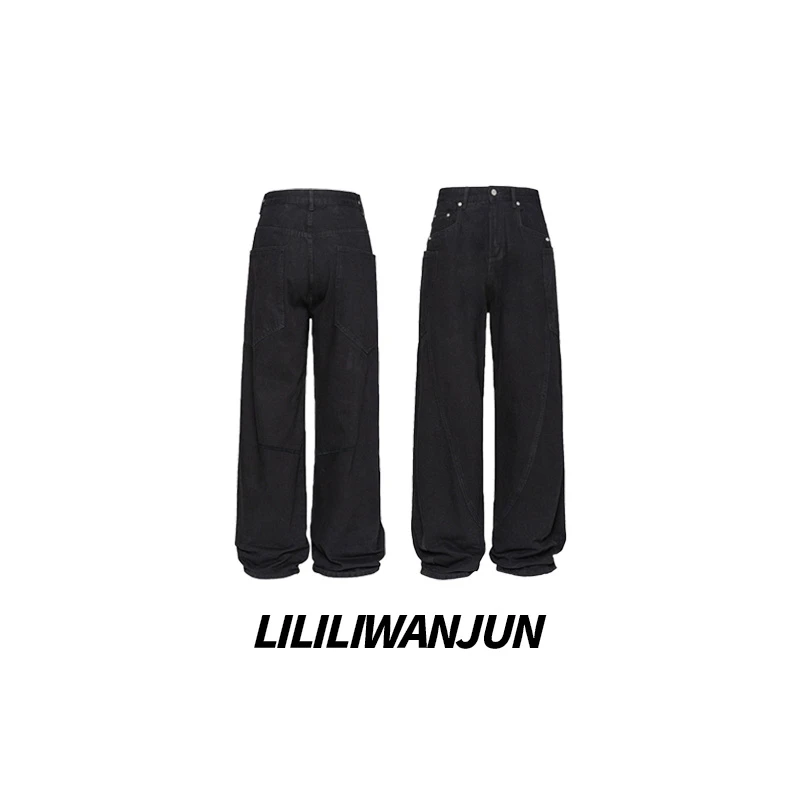 婉君【黑色弯刀裤】美式高街潮服宽松阔腿牛仔裤LWJ24A1K146