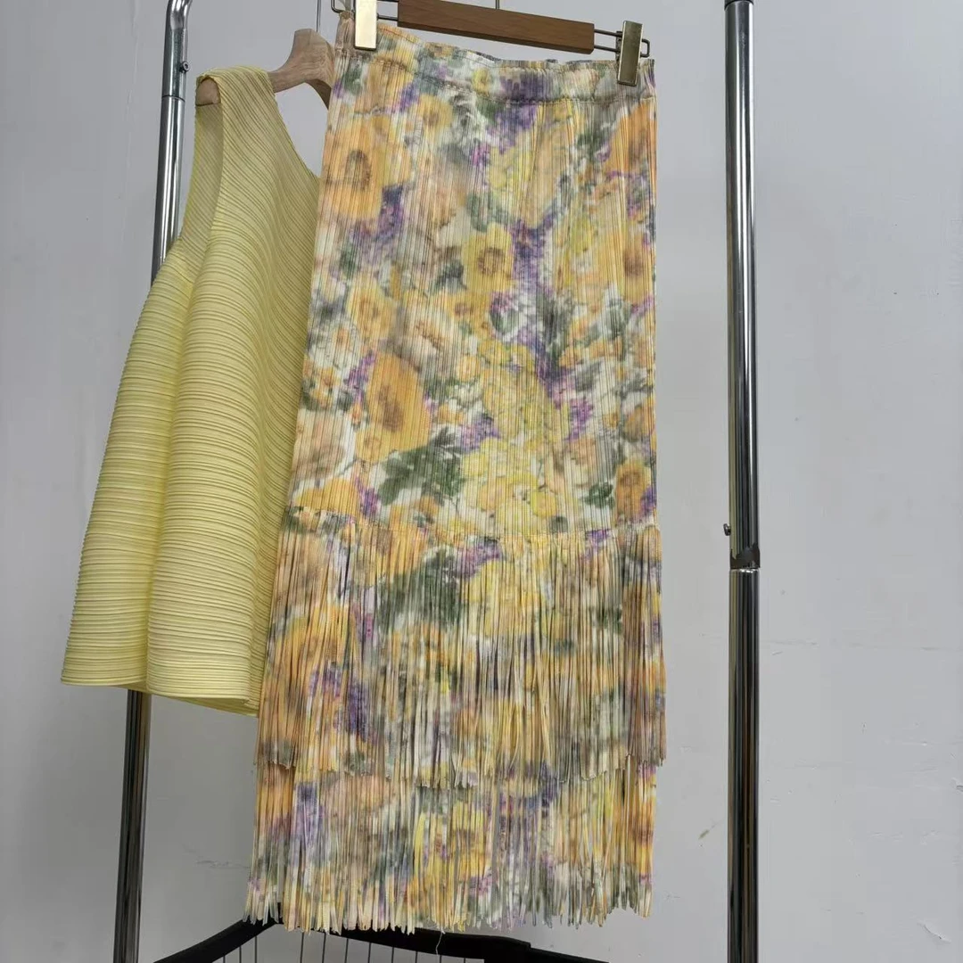 黄色裙长87~褶皱衣吊带时尚套装轻熟风褶皱流苏半身裙显瘦