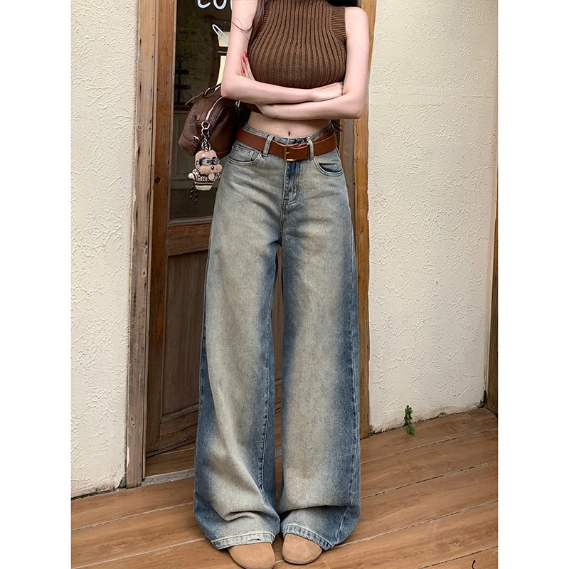 做旧晕染撞色阔腿牛仔裤女2025秋季新款高腰宽松显瘦垂感脏脏长裤