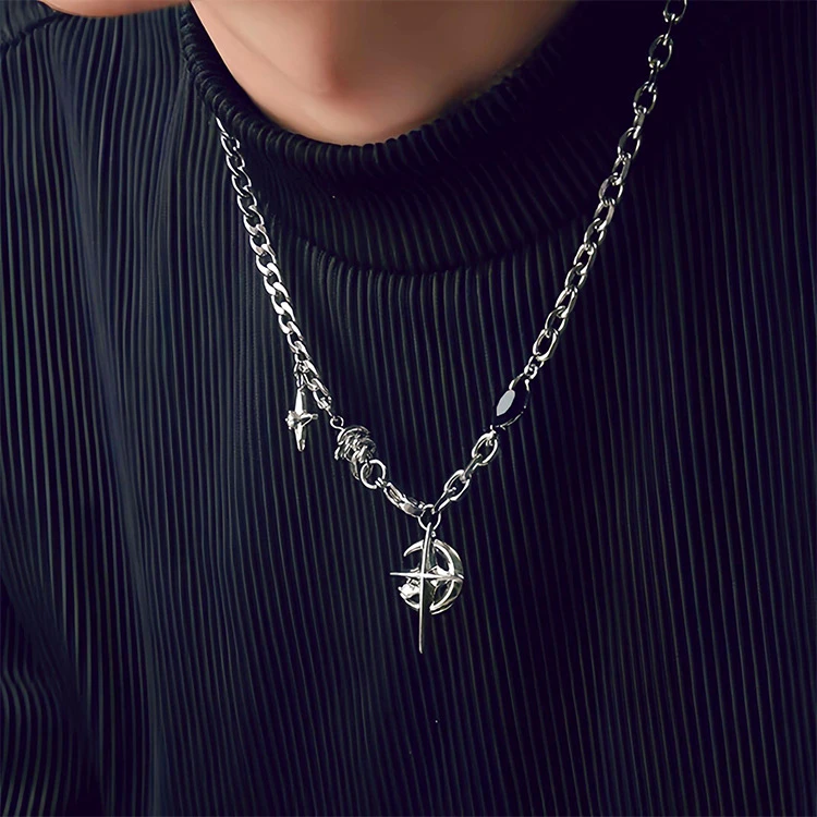 钛钢铅玻璃项链 黑宝石芒星欧美嘻哈街头项链男生小众设计高级感