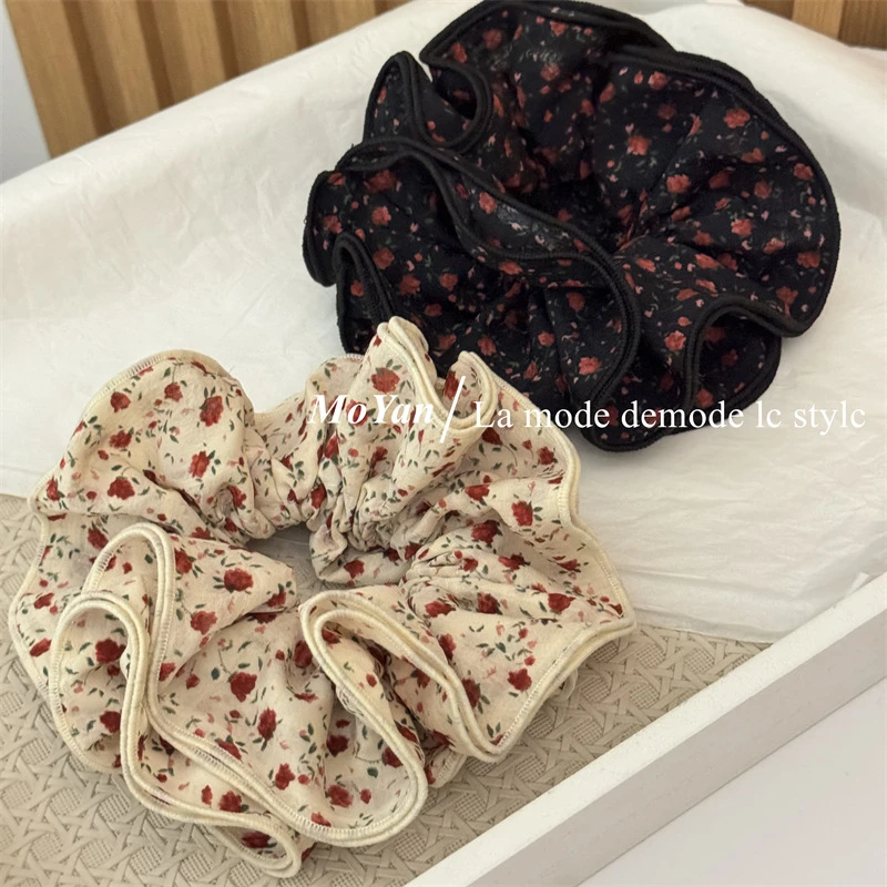 四层褶皱锁边玫瑰印花大肠发圈高级感小蛮腰头绳简约田园气质秋冬