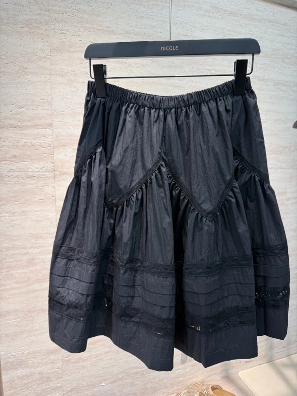 日本拼接蕾丝气质裙子高腰A字蓬蓬