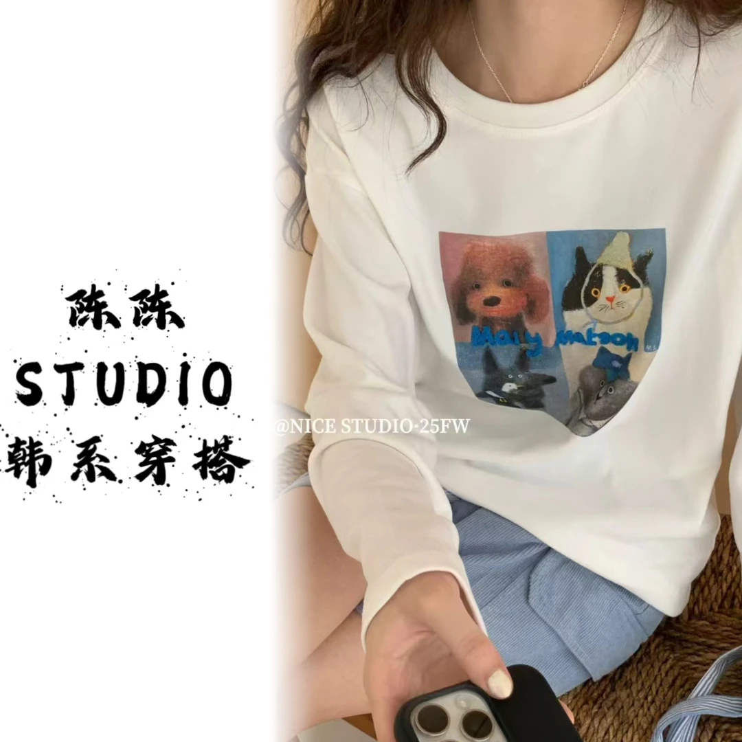 宽松落肩秋季新款INS风休闲减龄狗狗印花长袖T恤女