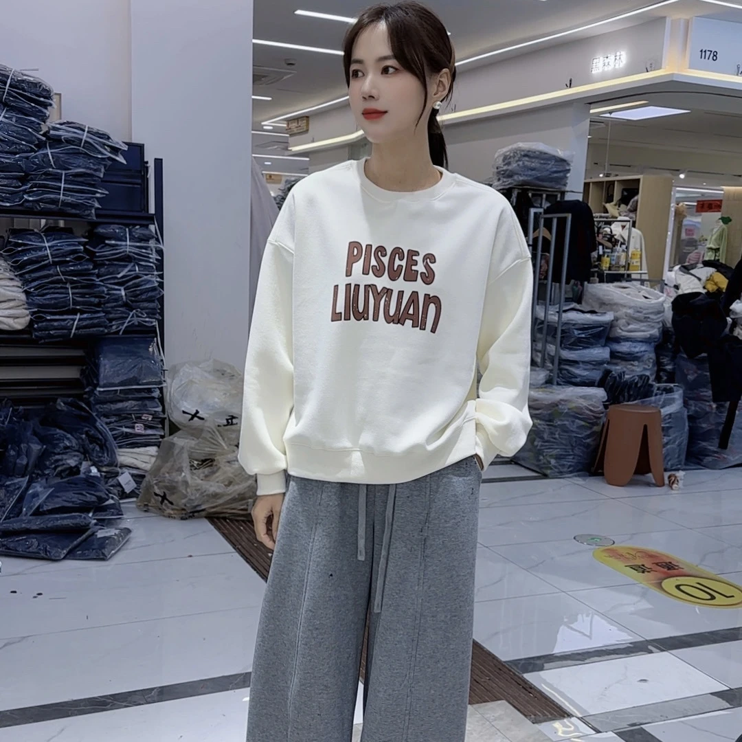 秋冬卫衣加绒加厚款圆领上衣百搭长袖秋季字母印花套头宽松上衣