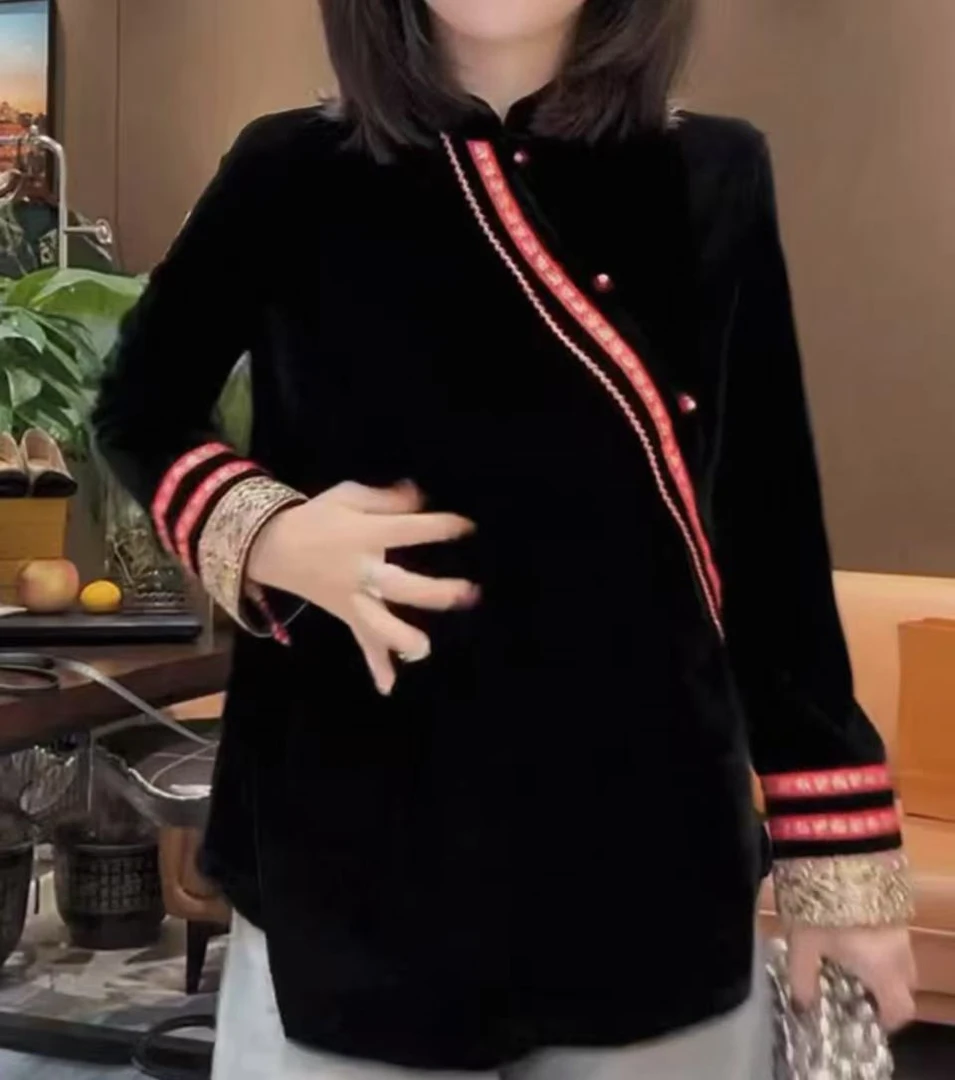 鑫姐新款时尚气质百搭民族风显瘦长袖立领上衣中国风高档小衫