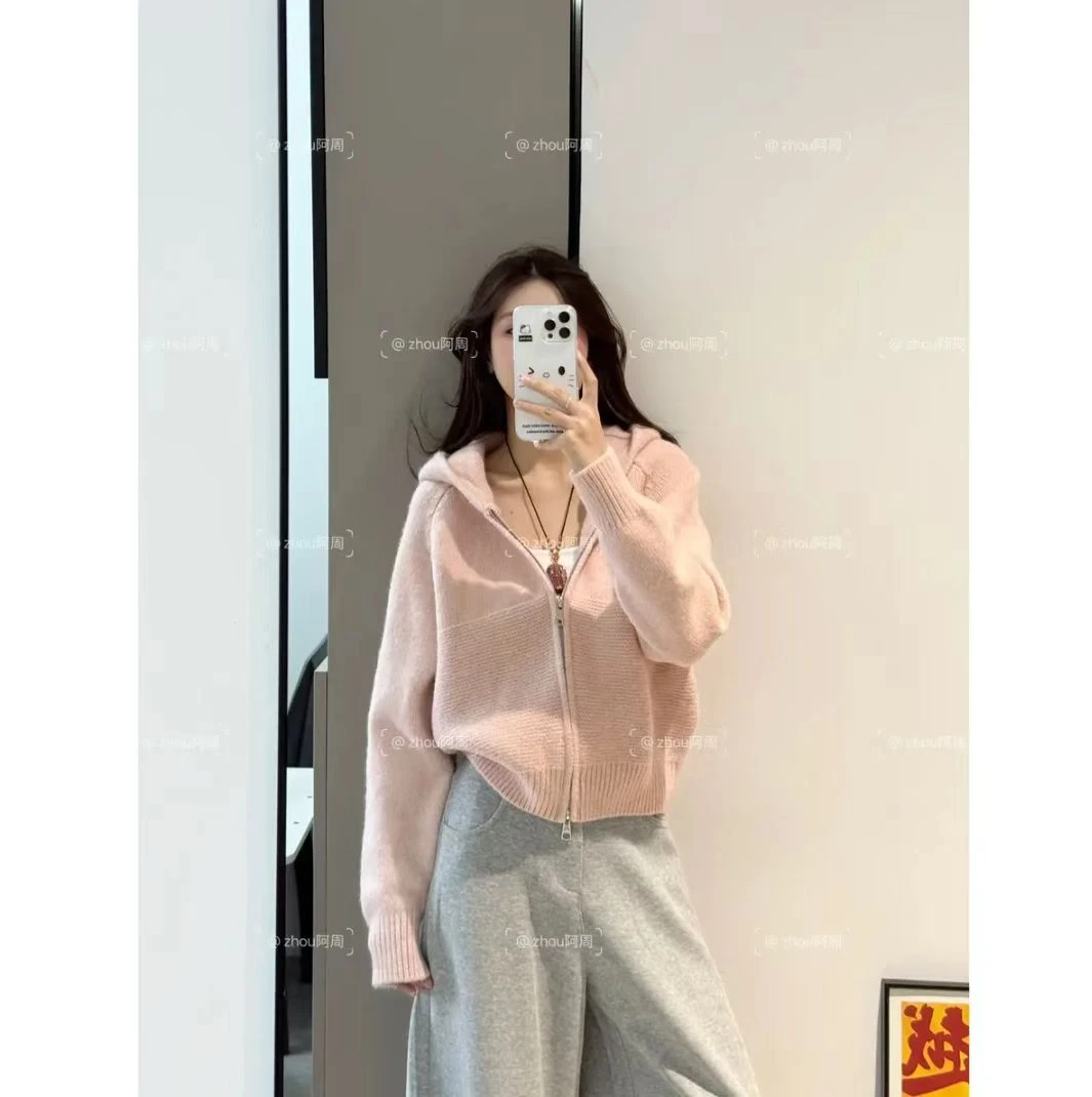 韩系休闲波浪纹双拉链连帽毛衣外套女秋冬宽松显瘦加厚针织开衫潮