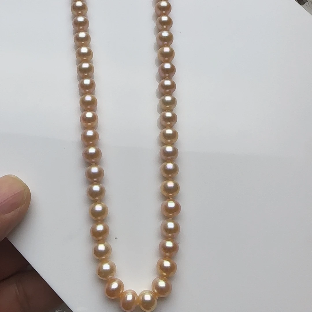 项链淡水珍珠银S925镶嵌无核中国红珍珠项链7-8mm