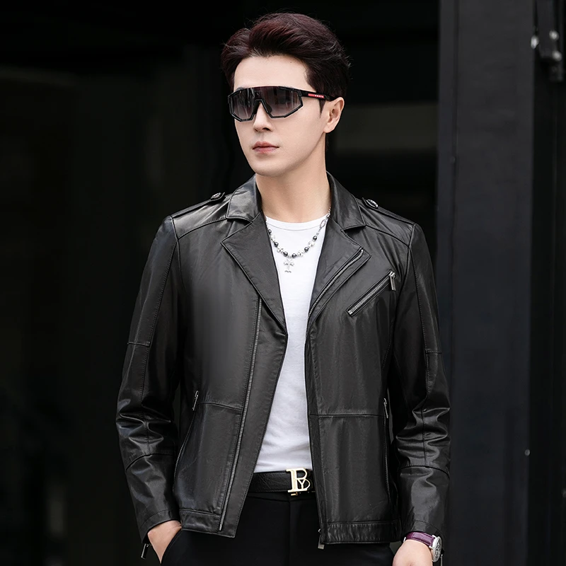 VBA 5516Y ZKK头层山羊皮单装机车服真皮皮衣 短款皮夹克外套男装