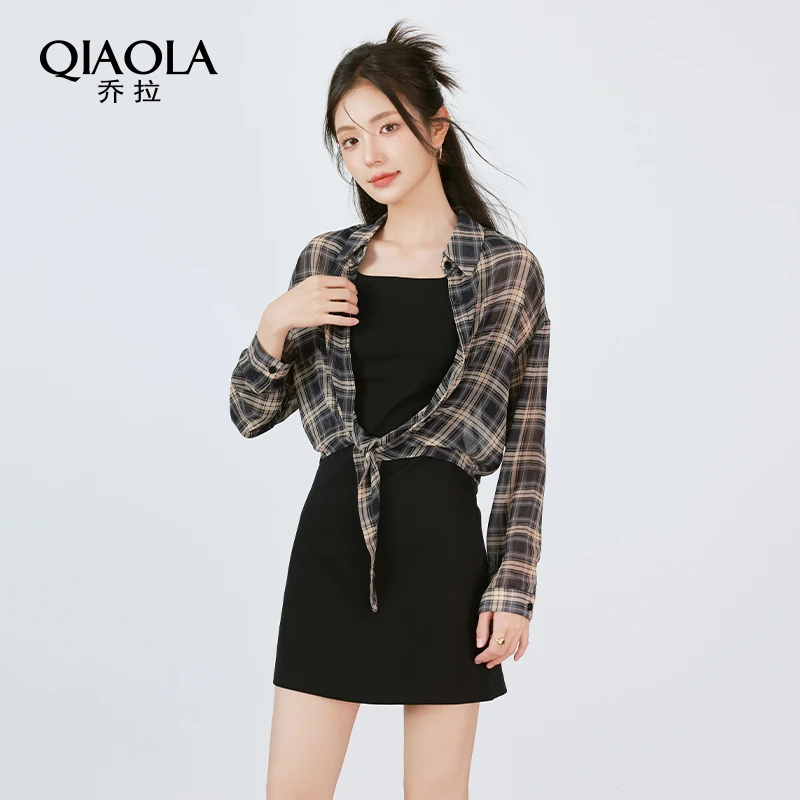 QIAOLA/乔拉【恋与心结】秋夏季梭织格纹翻领慵懒遮肉显瘦时尚套装