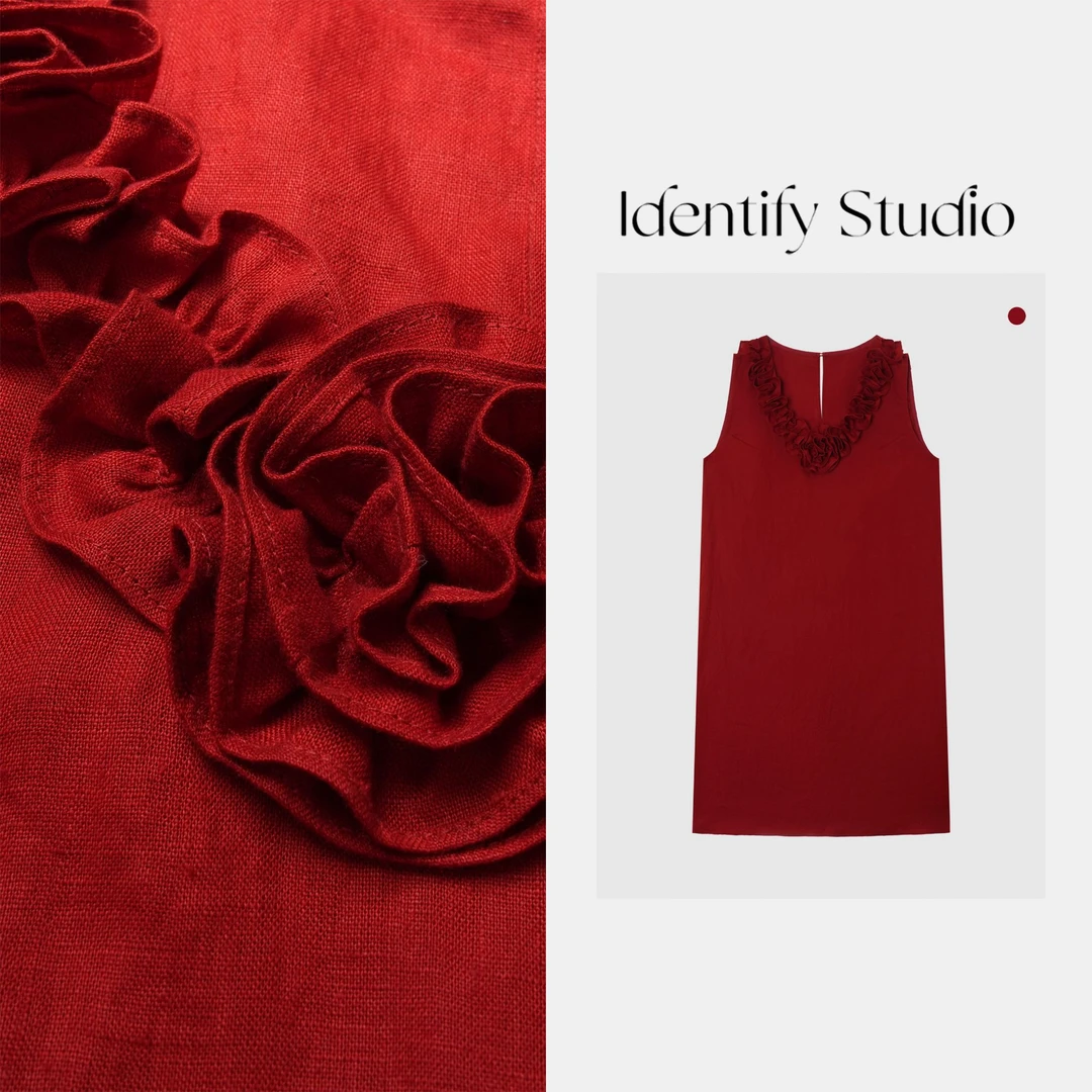 IDENTIFY“红玫瑰”夏季新款休闲拼接木耳边亚麻连衣裙25SSSS06029