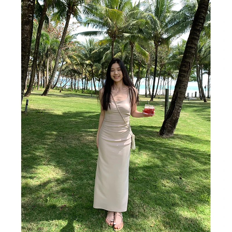 YOKLASS少女家 【现】灰杏色修身方领连衣裙修身显瘦长裙 L30051S51