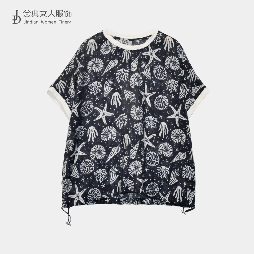 【金典女人服饰】复古民族风印花圆领短袖衬衫 时尚百搭上衣4231