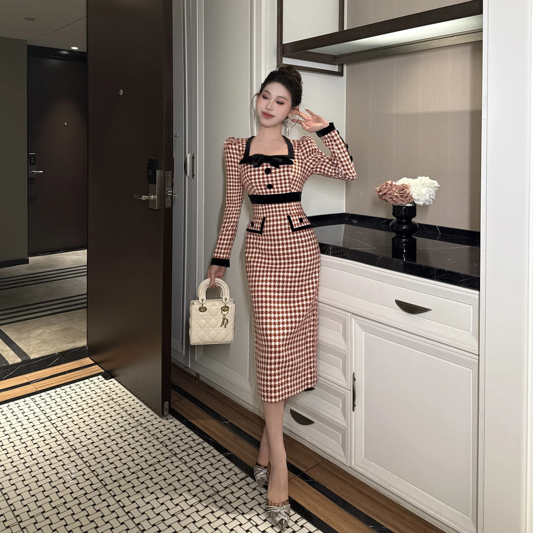 【惠子原创】小香风气质优雅名媛高腰复古修身千鸟格连衣裙50683
