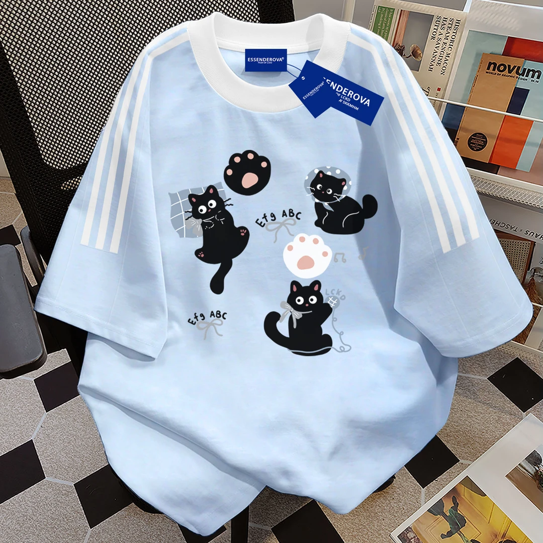 100%纯棉个性小猫印花三条杠圆领短袖t恤男女夏季宽松慵懒风上衣