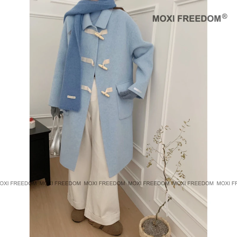 【玛德琳】25年新款木头牛角扣小个子中长款双面羊毛呢大衣外套女装