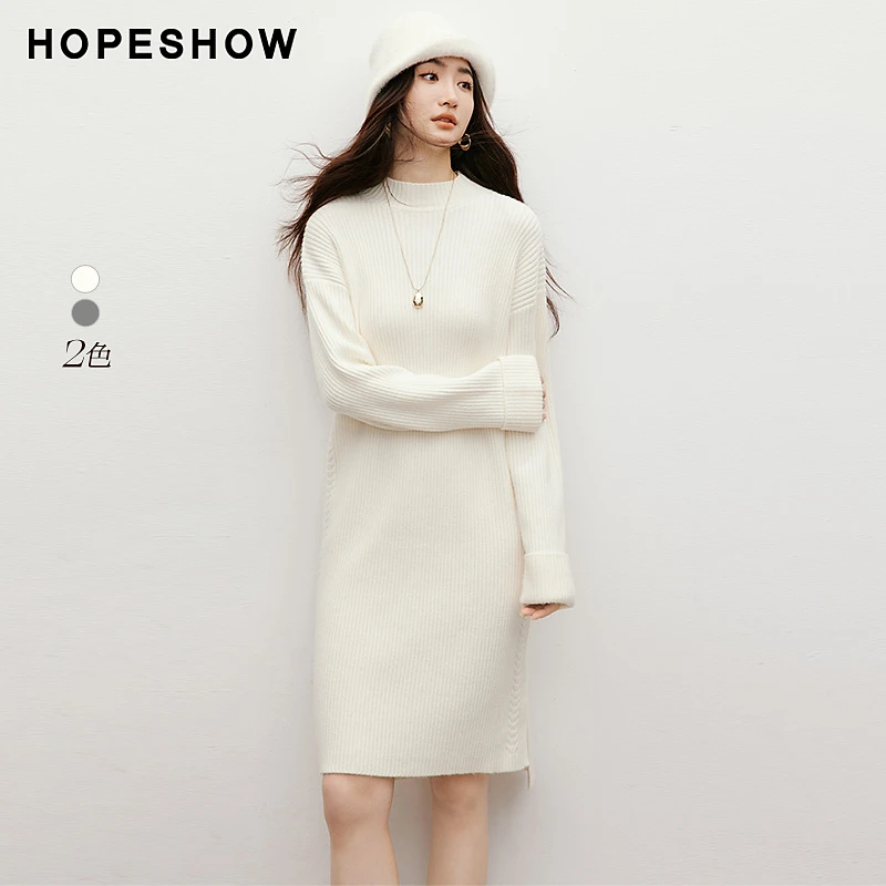 红袖2025冬女装 侧摆绞花落肩翻折袖半高领针织连衣裙90125381601