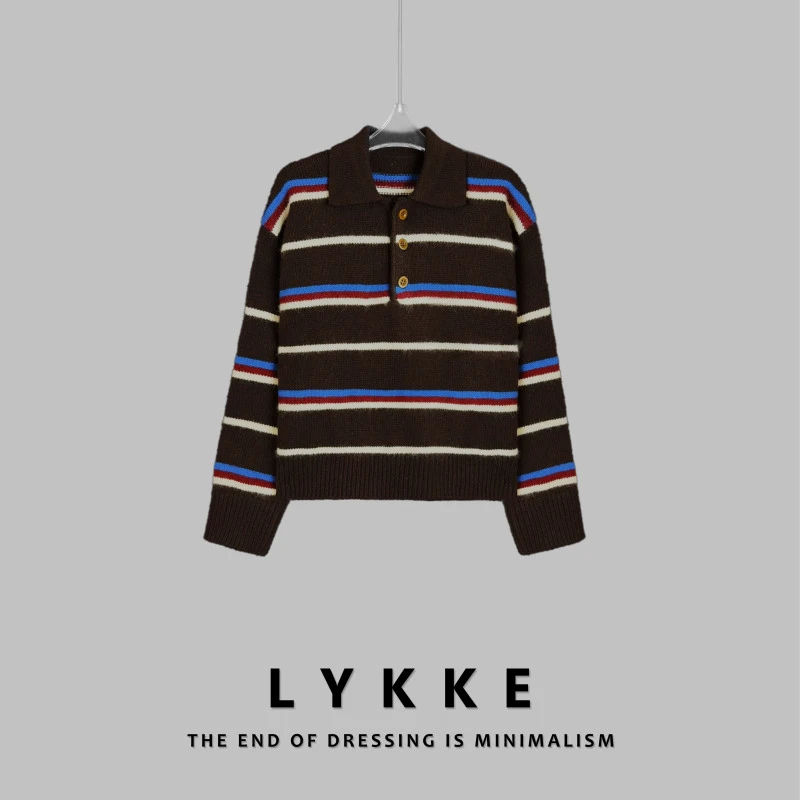 LYKKE 25新款长袖polo领休闲撞色条纹针织衫羊毛复古毛衣-E523