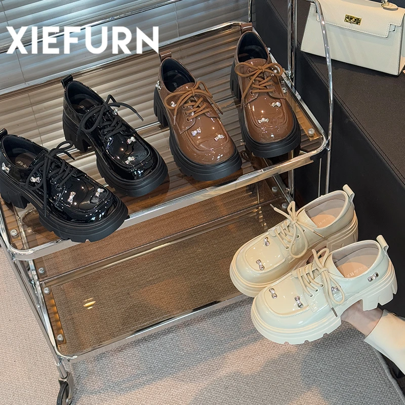 XIEFURN/鞋夫人简约风乐福鞋女款2025新款百搭小皮鞋大头系带单鞋