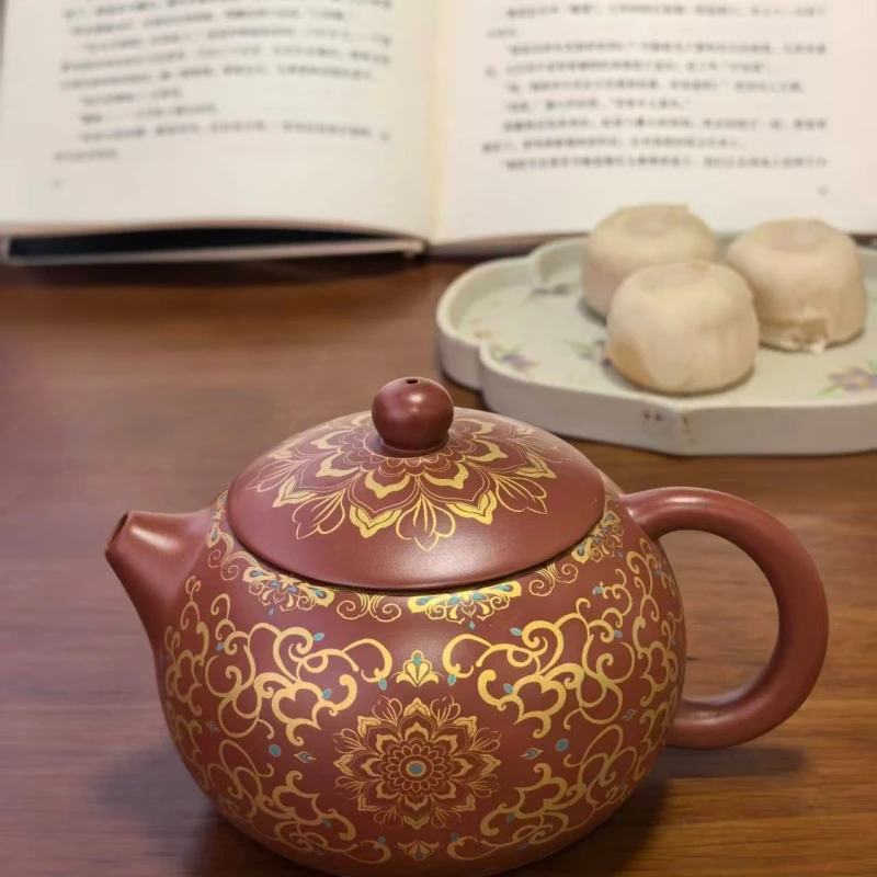 紫砂朱泥金繁花西施壶陶瓷家用泡茶壶一壶两杯功夫茶具泡茶器