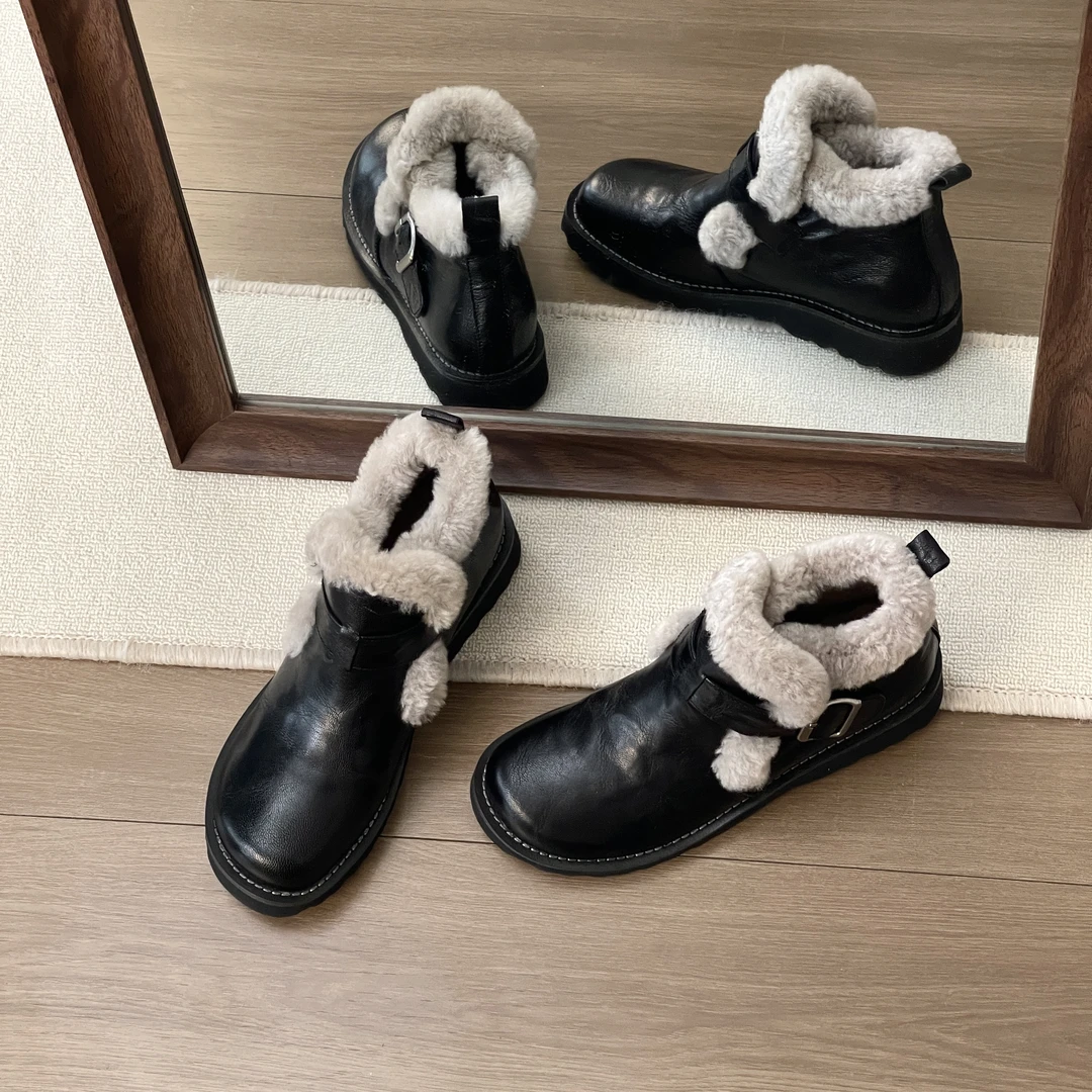 HUSSLOVE 羊毛+羊毛条·跟高2.5CM·秋冬季新款加绒圆头温暖皮鞋