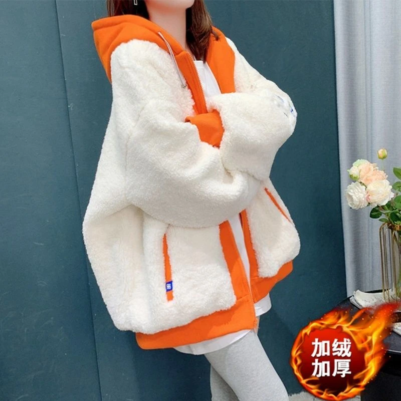 加绒加厚羊羔绒外套女宽松显瘦保暖卫衣百搭减龄开衫上衣秋冬季