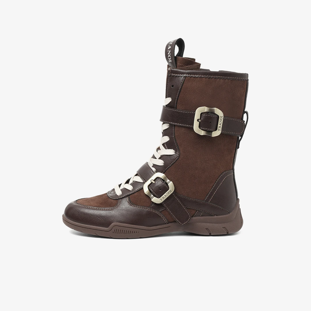 中筒拼接绒面瘦瘦靴秋季系带马丁靴女潮流棕色时装