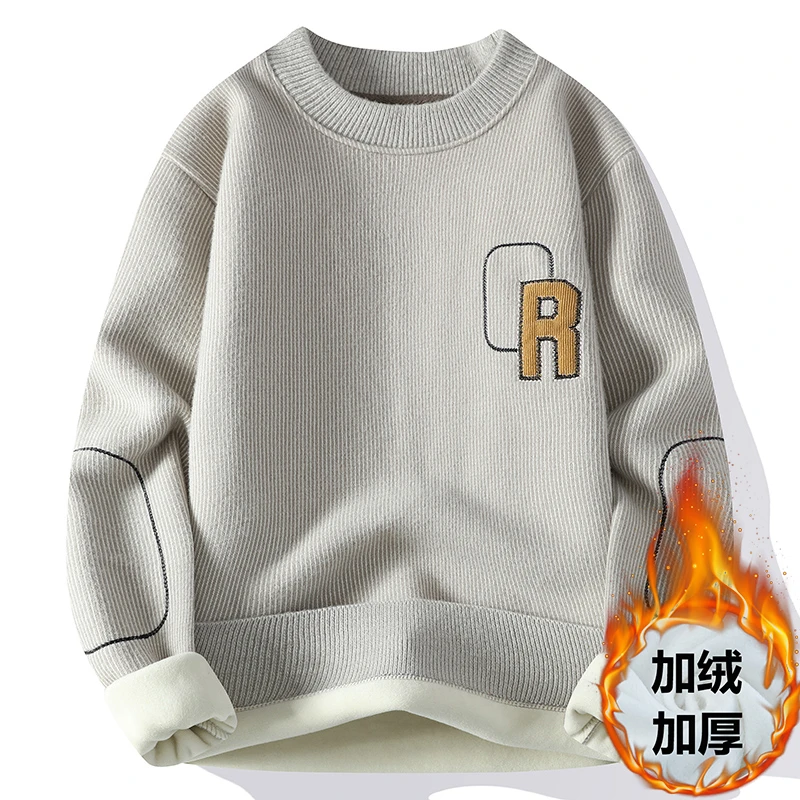 【雪貂绒】毛衣男款冬季加绒加厚刺绣针织衫休闲保暖上衣宽松打底衫