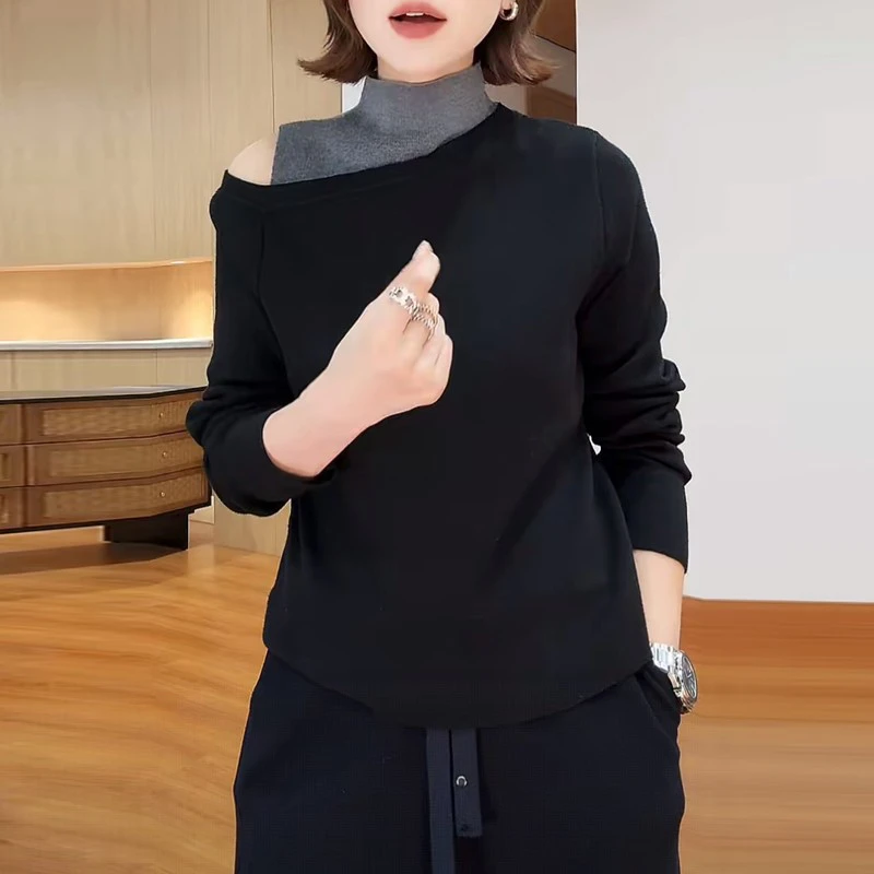 半高领镂空露肩长袖T恤女秋冬季设计感撞色拼接假两件上衣打底衫