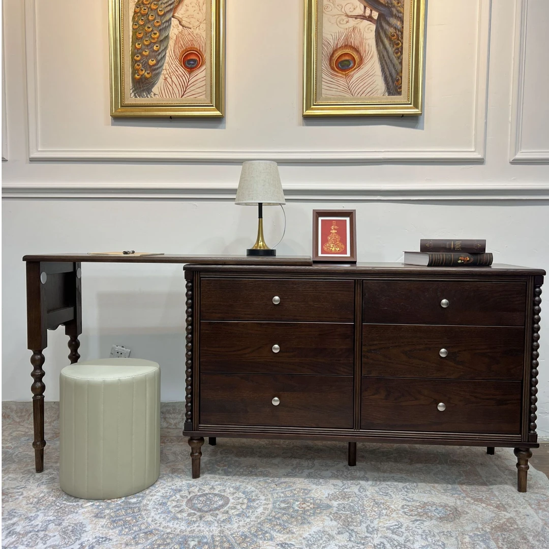 中古风实木化妆桌可伸缩卧室床尾斗柜梳妆台小户型转角妆台六斗柜