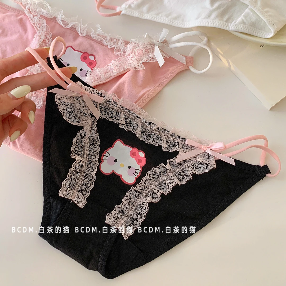 白茶的猫性感系带可爱卡通印花少女内裤甜美蕾丝亲肤舒适三角裤女
