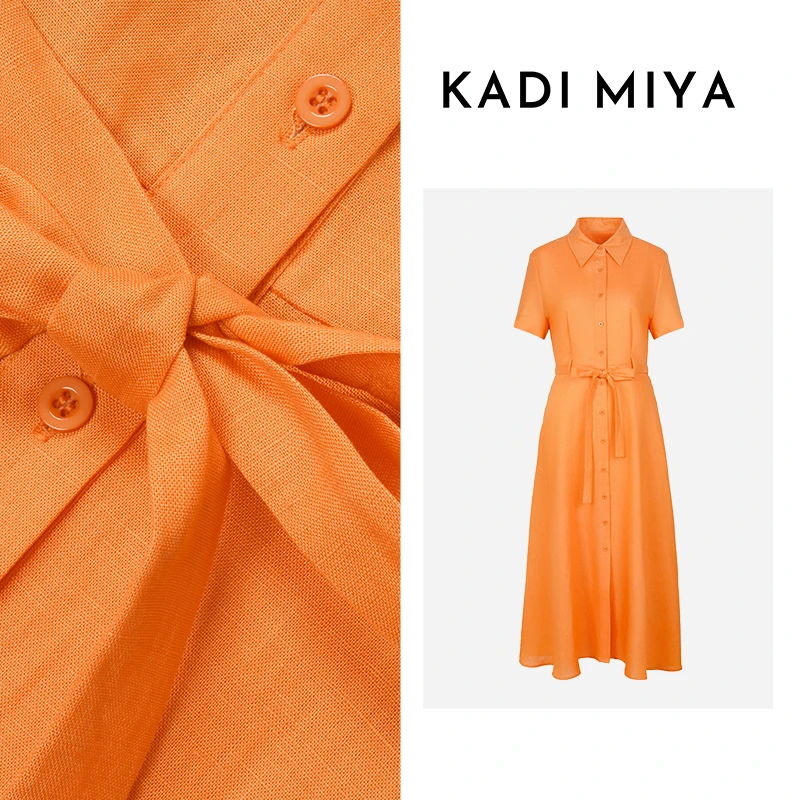 KADIMIYA【落日橙光】亚麻衬衫领系带气质通勤连衣裙轻奢高级中长裙