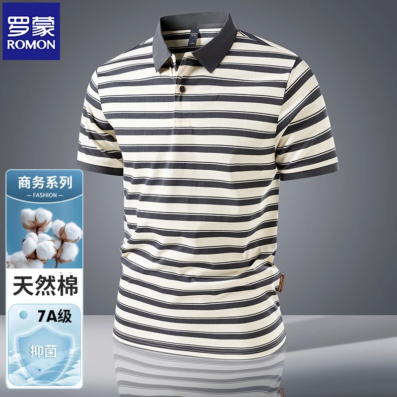 Romon/罗蒙男士条纹休闲常规款短袖Polo衫男士半袖t恤透气